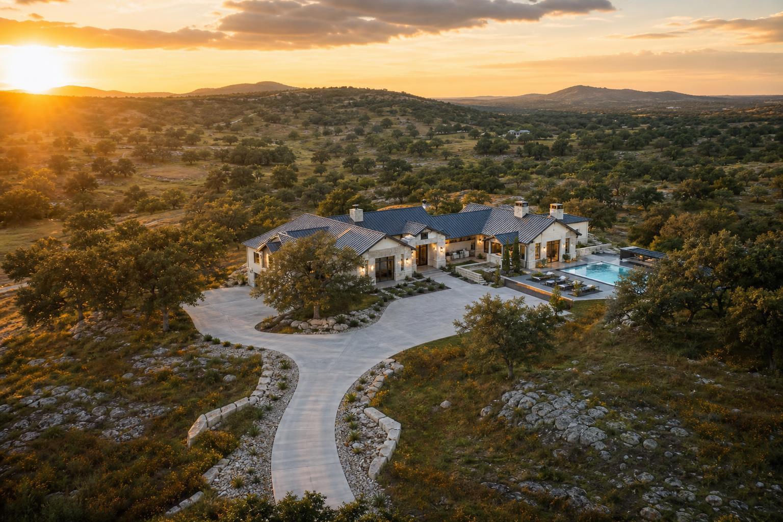 Texas Hill Country luxury acreage estate in Driftwood at golden hour